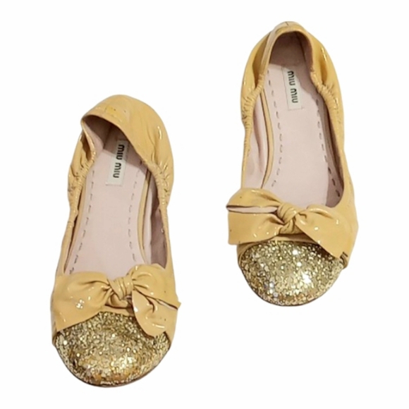 Miu Miu Bow Ballet Flats Nude Patent Leather Gold Glitter Cap Toe EU 40 US 9 - Picture 6 of 14